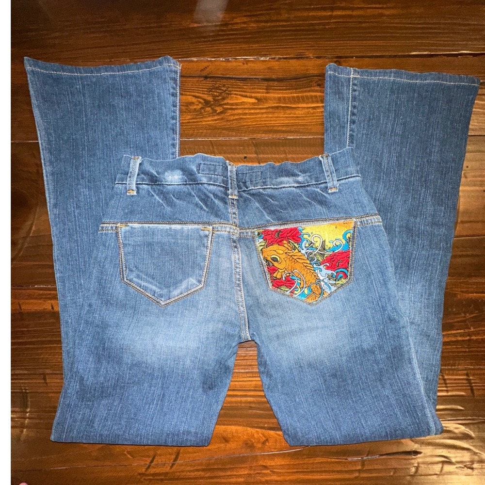 dELiA*s RARE Vintage Flare Jeans Med Wash Koi Fish Embroidered Size 3 D11910SA